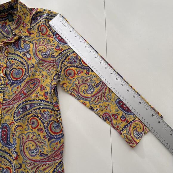 Lauren Ralph Lauren Paisley Button-Up Shirt Yellow Cotton Boho Retro Women's XS - Picture 11 of 12